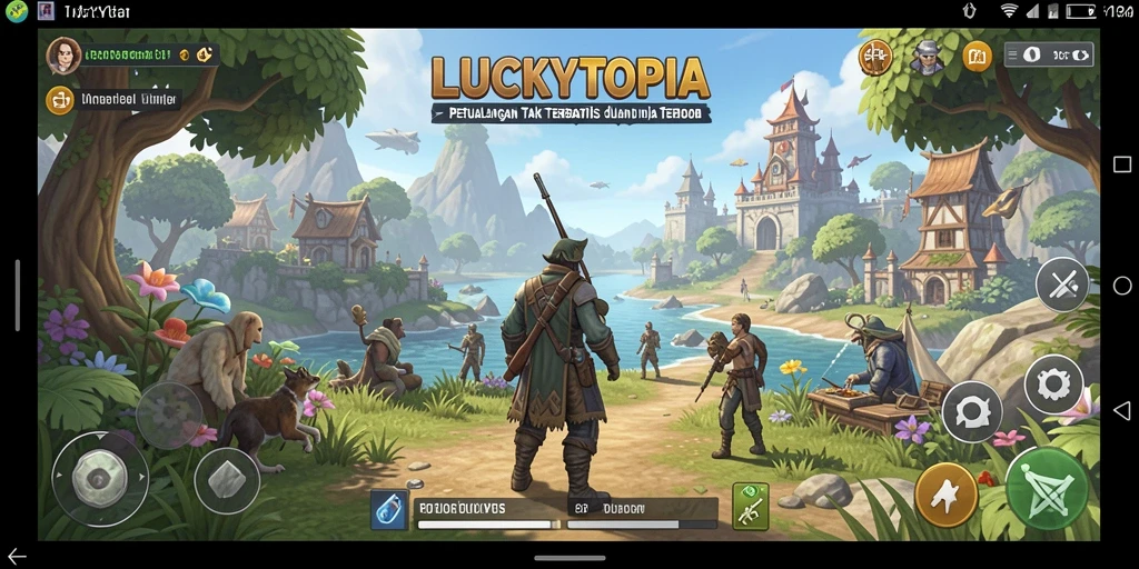 Screenshot gameplay LUCKYTOPIA yang menampilkan petualangan di dunia terbuka.