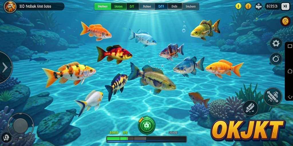 Tampilan gameplay OKJKT menampilkan keseruan menembak ikan yang beragam.